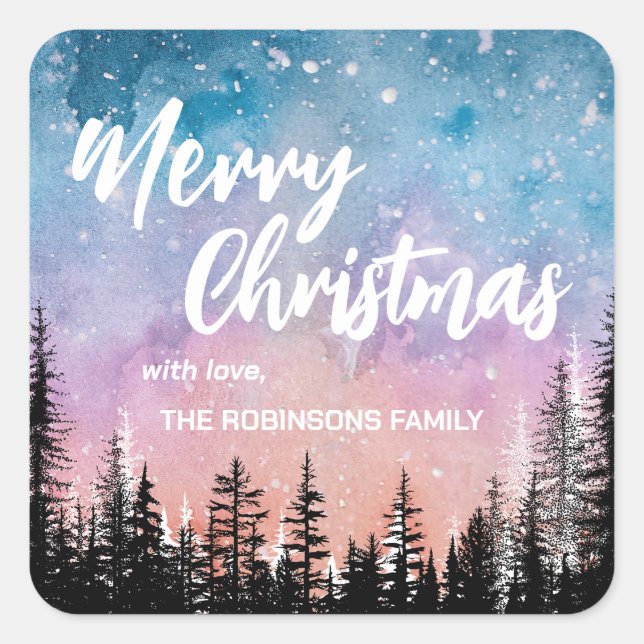 Merry Christmas tree Night gradient script forest Square Sticker (Front)