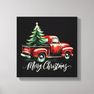 Merry Christmas Tree On Red Truck Vintage Family M Canvas Print