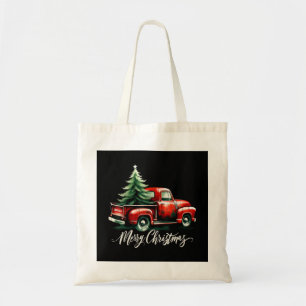 Merry Christmas Tree On Red Truck Vintage Family M Tote Bag
