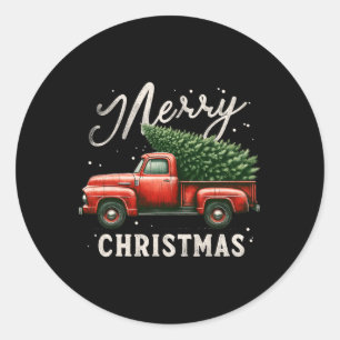 Merry Christmas Tree On Red Truck Wagon Vintage Xm Classic Round Sticker