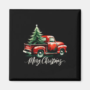 Merry Christmas Tree On Red Truck Wagon Xmas Vacat Magnet