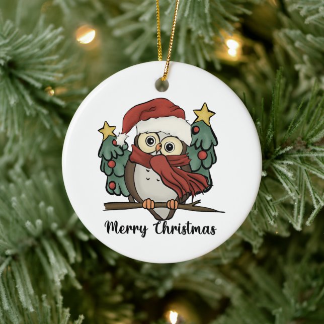 Merry Christmas Tree Owl Santa Hat Retro Ceramic Tree Decoration (Tree)