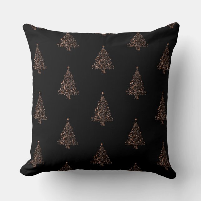 Merry Christmas Tree Pattern Black Brown Copper Cushion (Front)