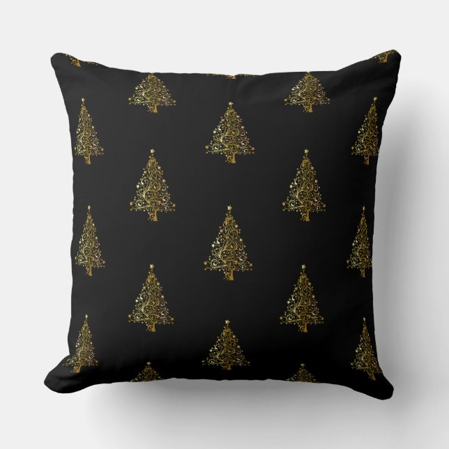 Merry Christmas Tree Pattern Black Gold Elegant Cushion (Front)