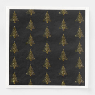 Merry Christmas Tree Pattern Gold Black Elegant Napkin