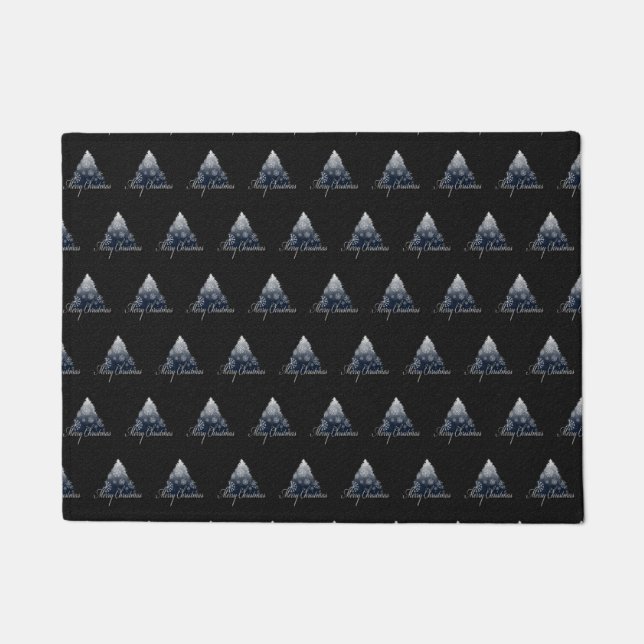 Merry Christmas Tree Pattern Holiday Blue Doormat (Front)