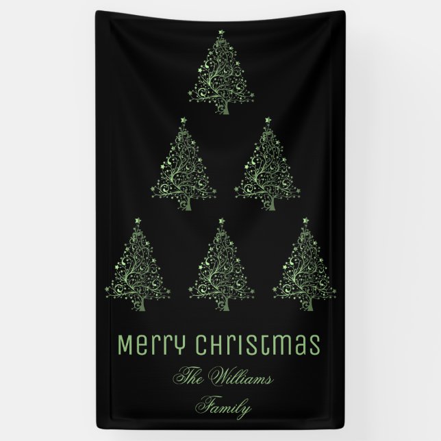 Merry Christmas Tree Pattern Metallic Green Black Banner (Vertical)