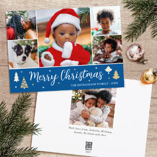 Merry Christmas Tree Photo Collage Blue Flat Holiday Card