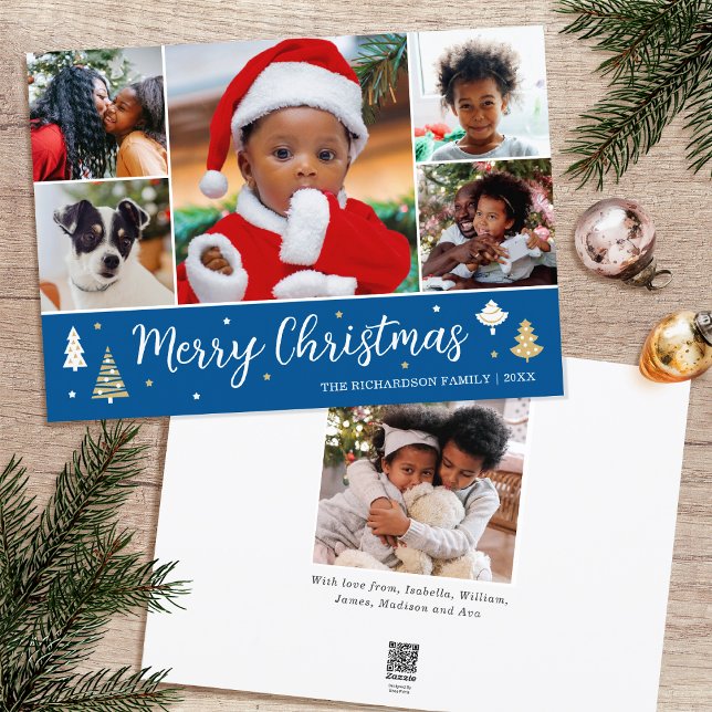 Merry Christmas Tree Photo Collage Blue Flat Holiday Card (Creator Uploaded)