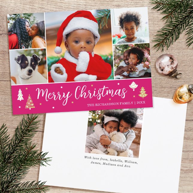 Merry Christmas Tree Photo Collage Pink Flat Holiday Card (Creator Uploaded)