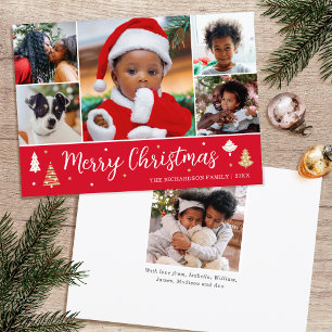 Merry Christmas Tree Photo Collage Red Flat Holiday Card
