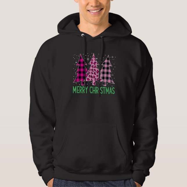 Merry Christmas Tree Pink Buffalo Plaid And Leopar Hoodie (Front)
