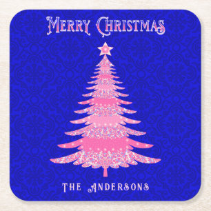 Merry Christmas Tree Pink Personalised Snowflakes Square Paper Coaster