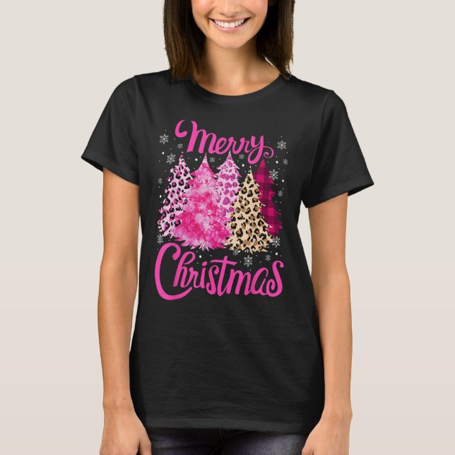 Merry Christmas Tree Pink  Xmas Leopard Matching F T-Shirt (Front)
