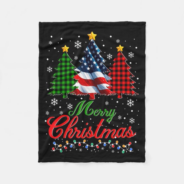 Merry Christmas Tree Plaid Us Flag Snowflake Xmas  Fleece Blanket (Front)