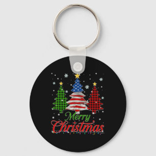 Merry Christmas Tree Plaid Us Flag Snowflake Xmas Key Ring
