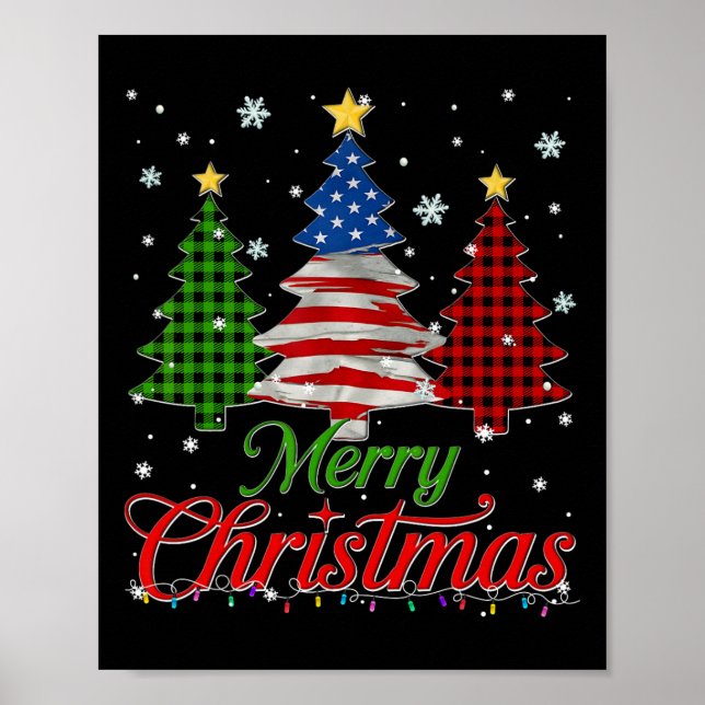 Merry Christmas Tree Plaid Us Flag Snowflake Xmas  Poster (Front)