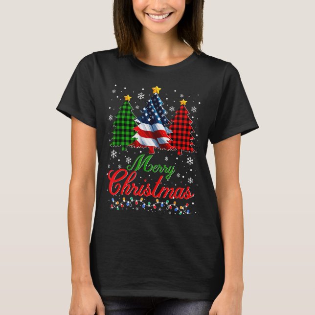 Merry Christmas Tree Plaid Us Flag Snowflake Xmas  T-Shirt (Front)