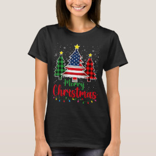 Merry Christmas Tree Plaid Us Flag Snowflake Xmas T-Shirt