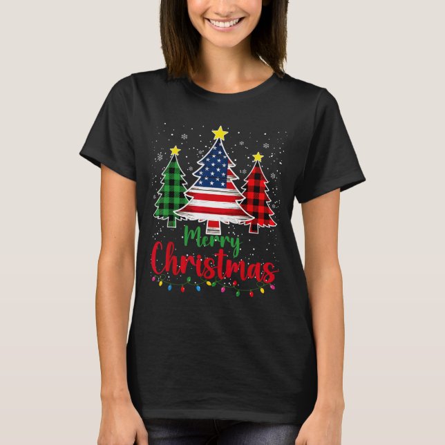 Merry Christmas Tree Plaid Us Flag Snowflake Xmas  T-Shirt (Front)