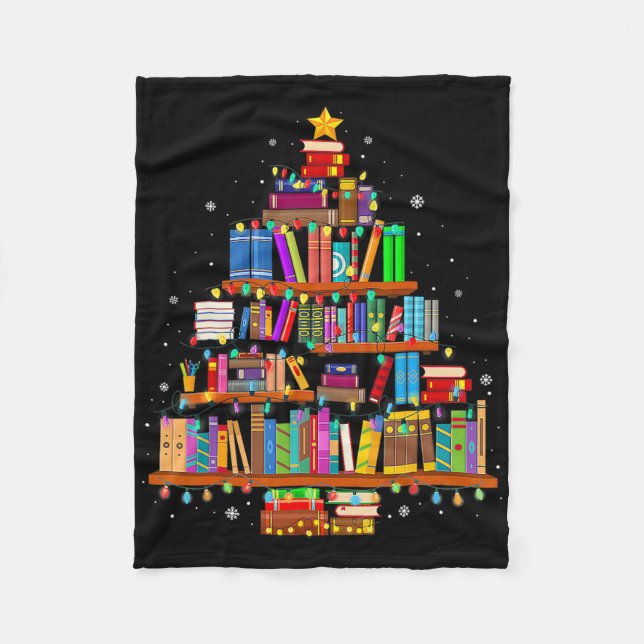 Merry Christmas Tree Reading Books Lover Librarian Fleece Blanket (Front)