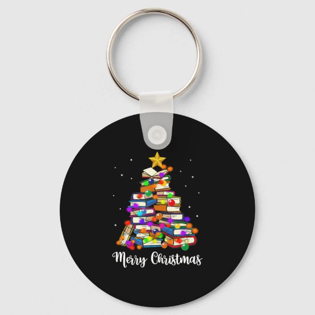 Merry Christmas Tree Reading Books Lover Librarian Key Ring (Front)