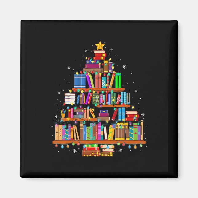 Merry Christmas Tree Reading Books Lover Librarian Magnet (Front)