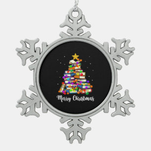 Merry Christmas Tree Reading Books Lover Librarian Snowflake Pewter Christmas Ornament