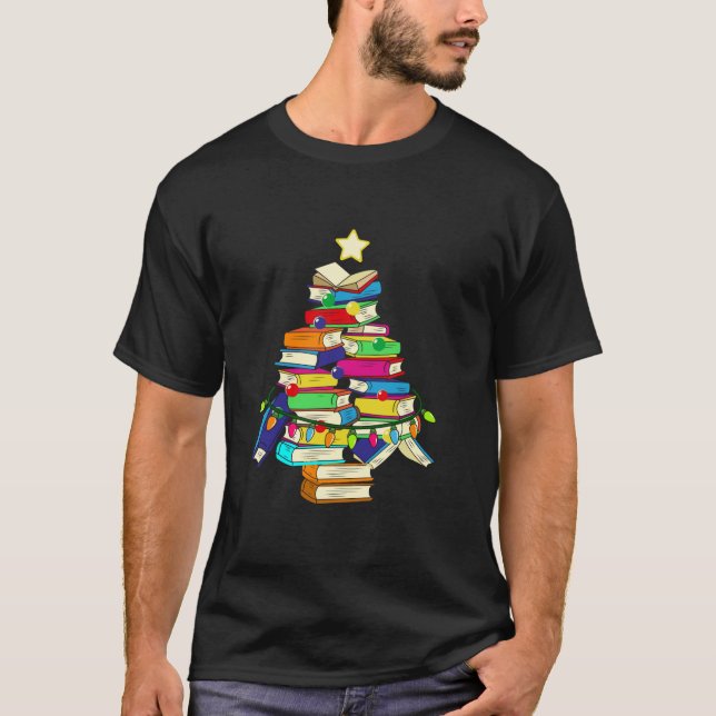 Merry Christmas Tree Reading Books Nerd  T-Shirt (Front)