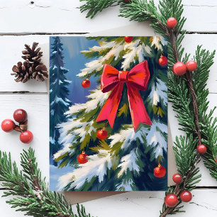 Merry Christmas Tree Red Bow Watercolor Painting Holiday Postcard