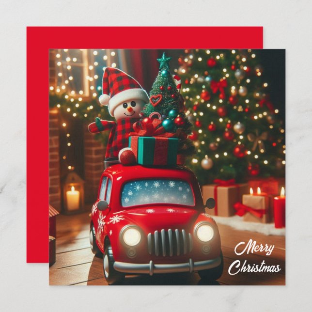 Merry Christmas tree red car bringing gifts Holiday Card (Front/Back)
