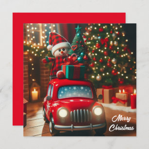 Merry Christmas tree red car bringing gifts Holiday Card