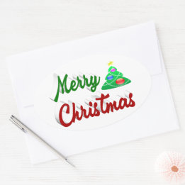 Merry Christmas Tree red green script Oval Sticker