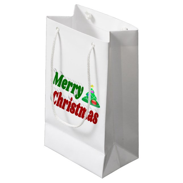 Merry Christmas Tree red green typography Small Gift Bag (Front Angled)