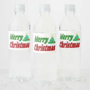 Merry Christmas Tree red green typography Water Bottle Label