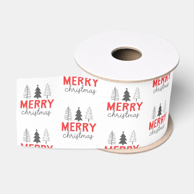 Merry Christmas Tree Red Grey Grosgrain Ribbon (Spool)