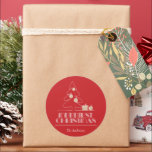 Merry Christmas Tree Red Holiday Classic Round Sticker<br><div class="desc">The words Merriest Christmas in retro vintage lettering,  a white sketch tree with faux gold foil ornaments and gifts are featured on these red round stickers personalised with your family name. Stylish for any Christmas holiday occasion or give as a hostess gift. MATCHING items in our store.</div>