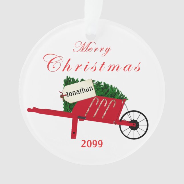Merry Christmas Tree Red Vintage Wheelbarrow Ornament (Front)