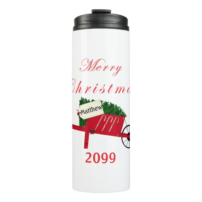 Merry Christmas Tree Red Vintage Wheelbarrow Thermal Tumbler (Front)