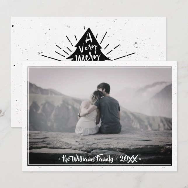 Merry Christmas Tree Retro Typography Family Photo Holiday Card (Front/Back)