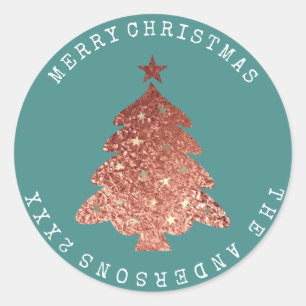 Merry Christmas Tree Rose Gold Teal Pastel Classic Round Sticker