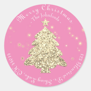 Merry Christmas Tree RSVP Greetings Gold Pink Classic Round Sticker
