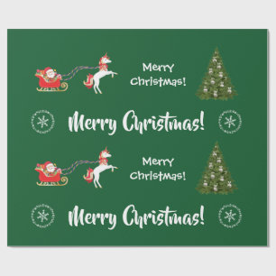 Merry Christmas Tree Santa Cute Kids Unicorn Green Wrapping Paper