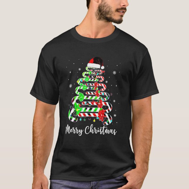 Merry Christmas Tree Santa Hat Candy Cane Girls Wo T-Shirt (Front)