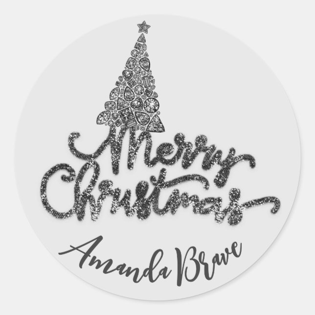 Merry Christmas Tree Script Name Black Diamond  Classic Round Sticker (Front)