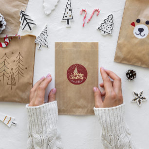 Merry Christmas Tree Script Name Gold Burgundyy Classic Round Sticker