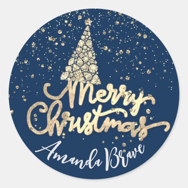 Merry Christmas Tree Script Name Gold Diamond Blue Classic Round Sticker (Front)