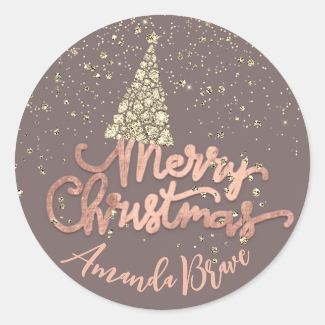 Merry Christmas Tree Script Name Rose Gold Diamond Classic Round Sticker (Front)