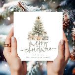 Merry Christmas Tree Script Square Holiday Card<br><div class="desc">Merry Christmas Tree Script Square. Available digitally and printed. Contemporary style. Merry Christmas is in an elegant set script in sage and the rest of the text you can easily personalise. You can chose any colours for text and background via the customise further option. Back is blank and perfect to...</div>