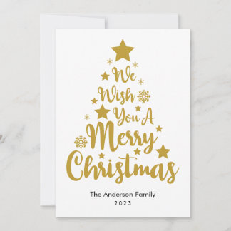 Merry Christmas Tree Shape In Gold Christmas Card